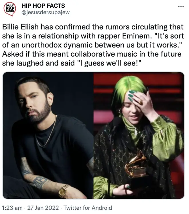 A Twitter Hip Hop blog reported that Eminem and Billie Eilish are dating.