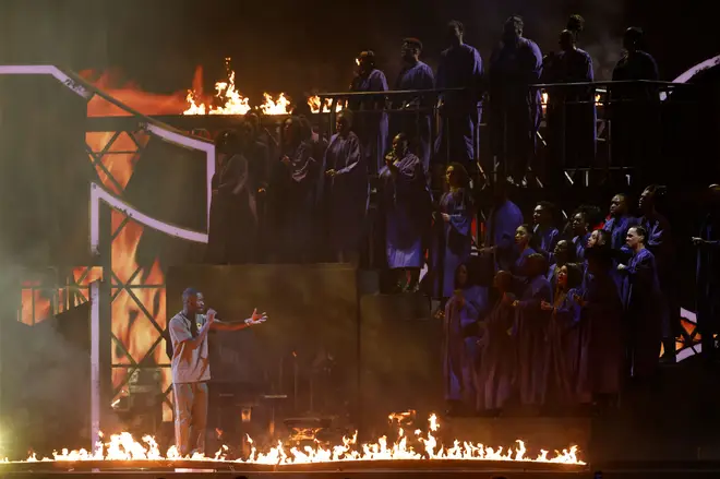 Dave performing In The Fire alongside Fredo, Ghetts, Giggs & Meekz at the BRIT Awards 2022