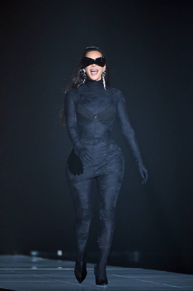 Kim Kardashian spotted wearing a black catsuit during the 2021 People's Choice Awards.