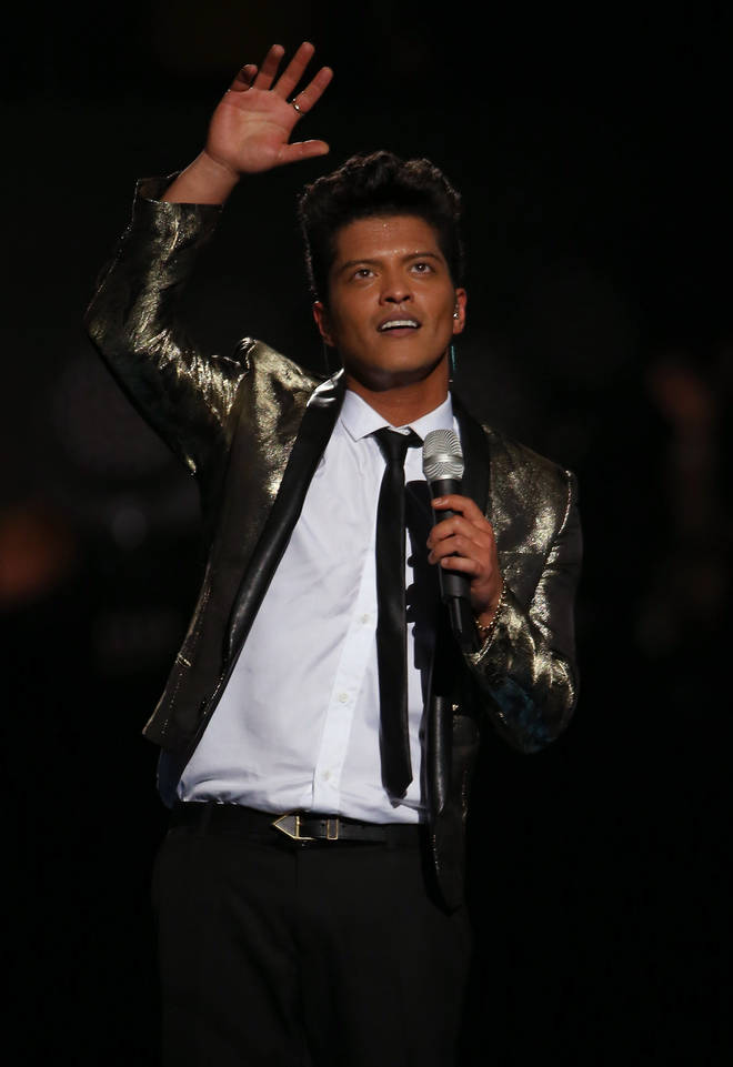 Bruno Mars performing at the Pepsi Super Bowl XLVIII Halftime Show in 2014