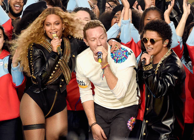 Beyonce, Chris Martin of Coldplay and Bruno Mars at the Pepsi Super Bowl 50 Halftime Show in 2016