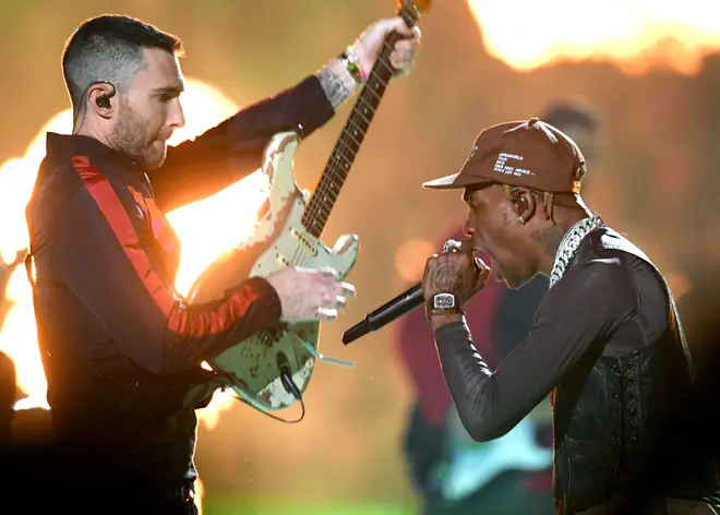Maroon 5 and Travis Scott at the Pepsi Super Bowl LIII Halftime Show in 2019