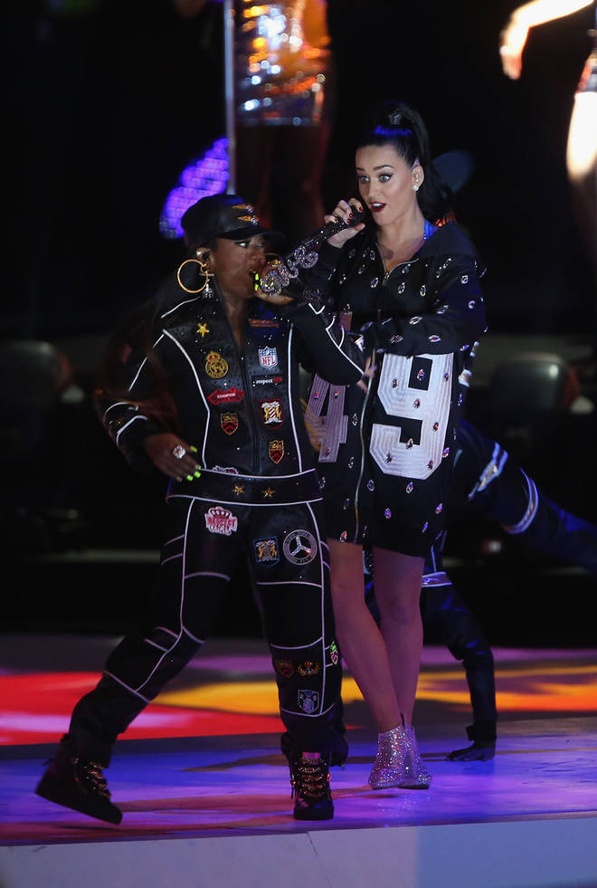 Katy Perry and Missy Elliott performing at the Super Bowl Halftime Show in 2015