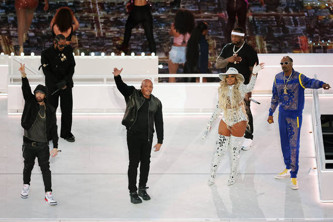 Eminem, Kendrick Lamar, Dr. Dre, Mary J. Blige, 50 Cent, and Snoop Dogg performing at the Pepsi Super Bowl LVI Halftime Show  in Inglewood, California on February 13