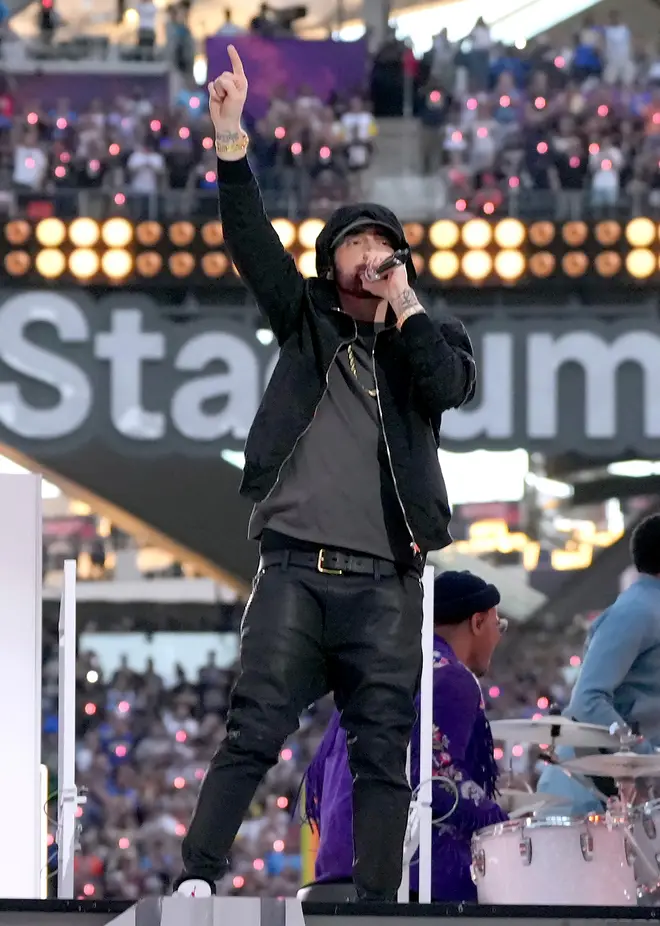 Eminem performing onstage during the Pepsi Super Bowl LVI Halftime Show on February 13, 2022
