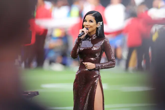 Jhene Aiko performs America The Beautiful at the Super Bowl LVI show