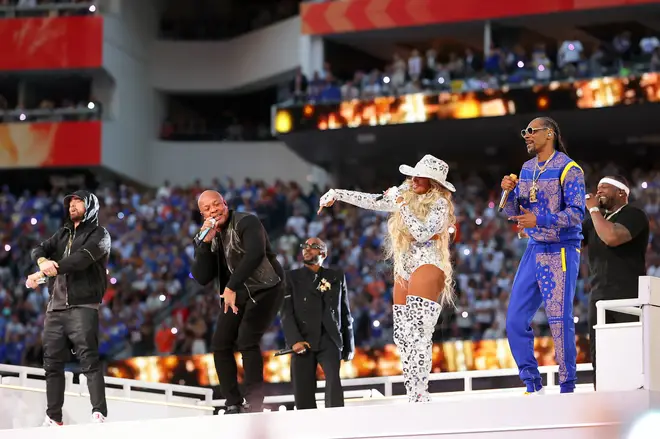 Eminem, Dr. Dre, Kendrick Lamar, Mary J. Blige, Snoop Dogg, and 50 Cent perform during the Pepsi Super Bowl LVI Halftime Show at SoFi Stadium on February 13, 2022 in Inglewood, California