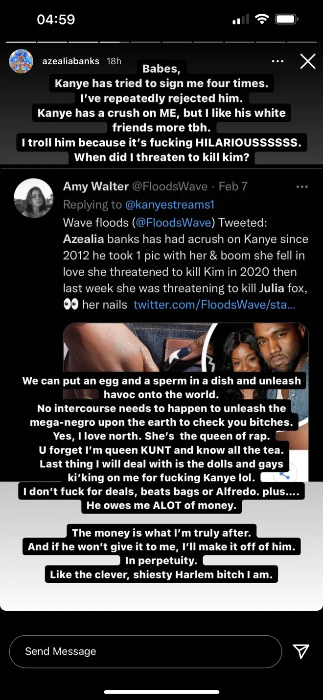 Azealia Banks airing out Julia Fox and Kanye West's relationship on Instagram last night