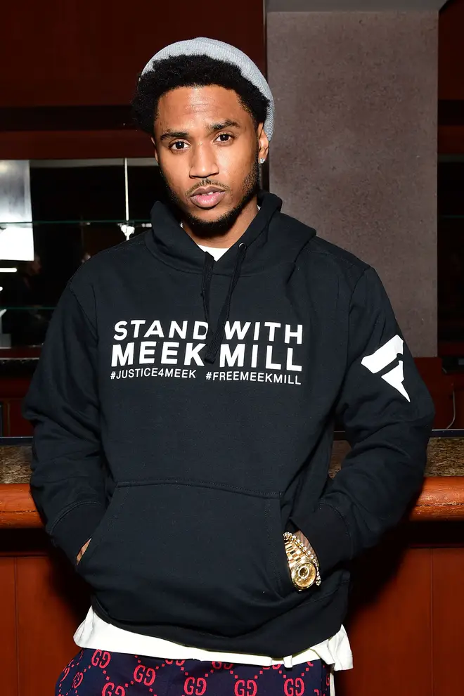 Trey Songz at the Phliadelphia 76ers Players And Celebrities Wear "Free Meek Mill" Hoodies At Jay-Z Concert