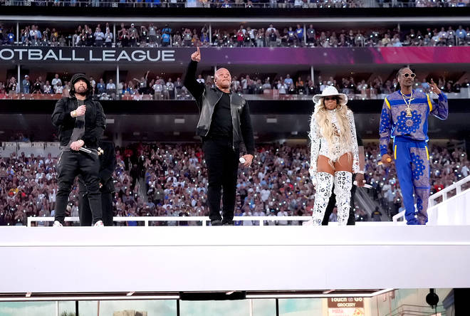 Eminem, Dr. Dre, Mary J. Blige, and Snoop Dogg perform onstage during the Pepsi Super Bowl LVI Halftime Show at SoFi Stadium on February 13, 2022 in Inglewood, California