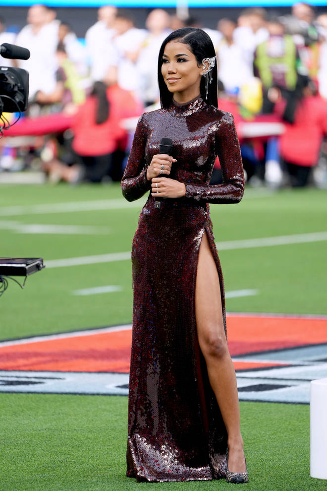 Jhené Aiko performs America the Beautiful during the Super Bowl LVI Pregame at SoFi Stadium on February 13, 2022 in Inglewood, California
