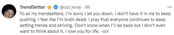 Coi Leray shares concerning message on Twitter.