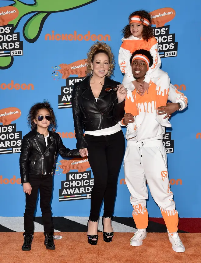 Mariah Carey, Nick Cannon, daughter Monroe Cannon and son Moroccan Cannon attend Nickelodeon's 2018 Kids' Choice Awards at The Forum on March 24, 2018 in Inglewood, California