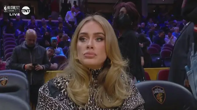 Adele sitting courtside at the 2021 NBA all-stars game in Cleveland, Ohio in February 2021