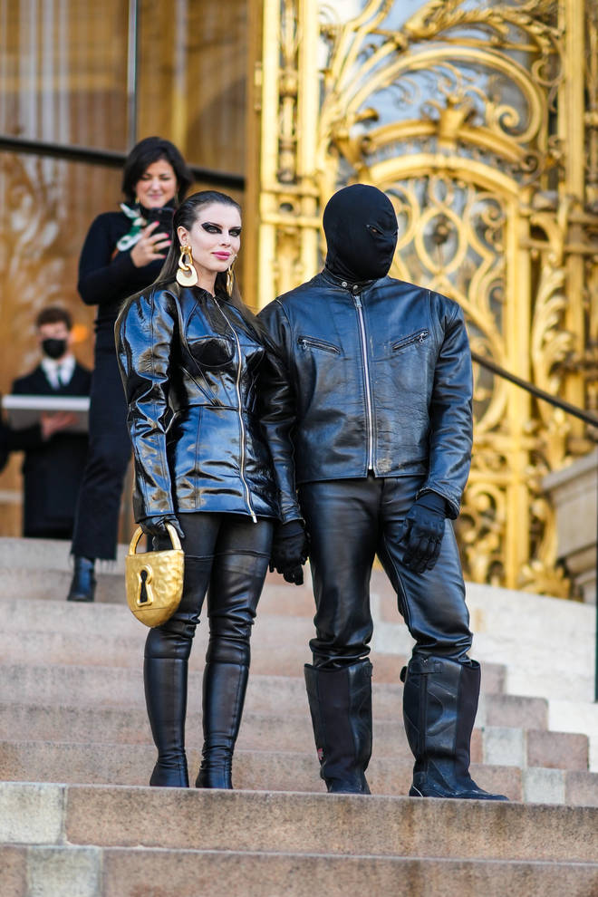 Julia Fox and Ye are seen, outside Schiaparelli, during Paris Fashion Week - Haute Couture Spring/Summer 2022, on January 24, 2022 in Paris, France