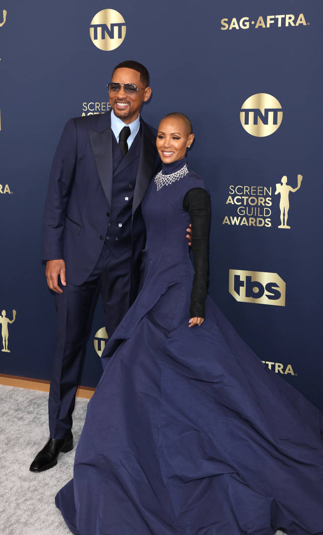 Will Smith and actress Jada Pinkett-Smith arriving at the 28th Screen Actors Guild Awards at the Barker Hangar on Sunday, February 27, 2022
