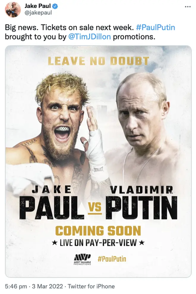 Jake Paul announced a fake boxing match between him and Russian leader Vladimir Putin.