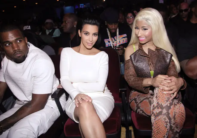 Kanye West, Kim Kardashian, and Nicki Minaj attend the 2012 BET Awards at The Shrine Auditorium on July 1, 2012 in Los Angeles, California