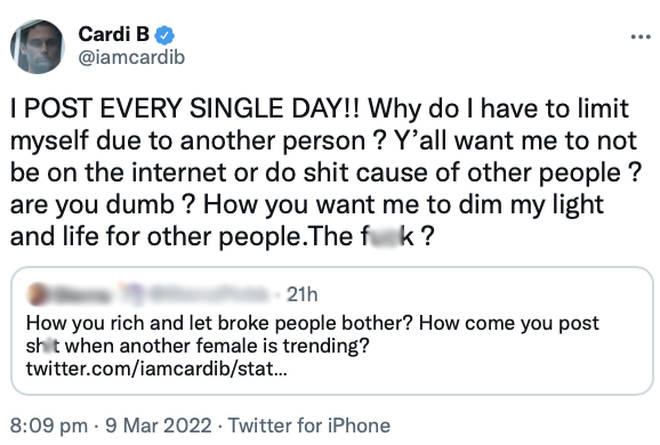 Cardi B responds to fans claiming she posted due to steal the spotlight from another female trending