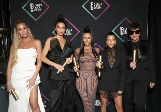 Khloe Kardashian, Kendall Jenner, Kim Kardashian, Kourtney Kardashian and Kris Jenner posing backstage during the 2018 E! People's Choice Awards held at the Barker Hangar on November 11, 2018