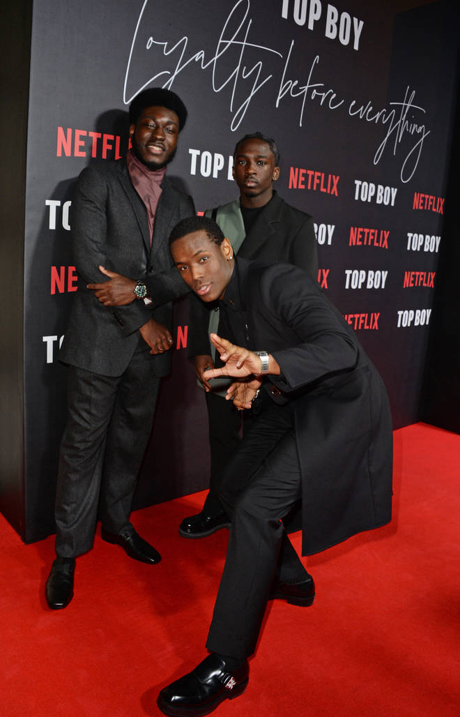 Hope Ikpoku Jnr, Micheal Ward and Araloyin Oshunremi attend the World Premiere of "Top Boy 2", the second season of Top Boy premiering on Netflix, at Hackney Picturehouse on March 11, 2022 in London, England