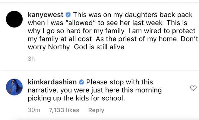 Kim Kardashian responding to Kanye in his comments on IG