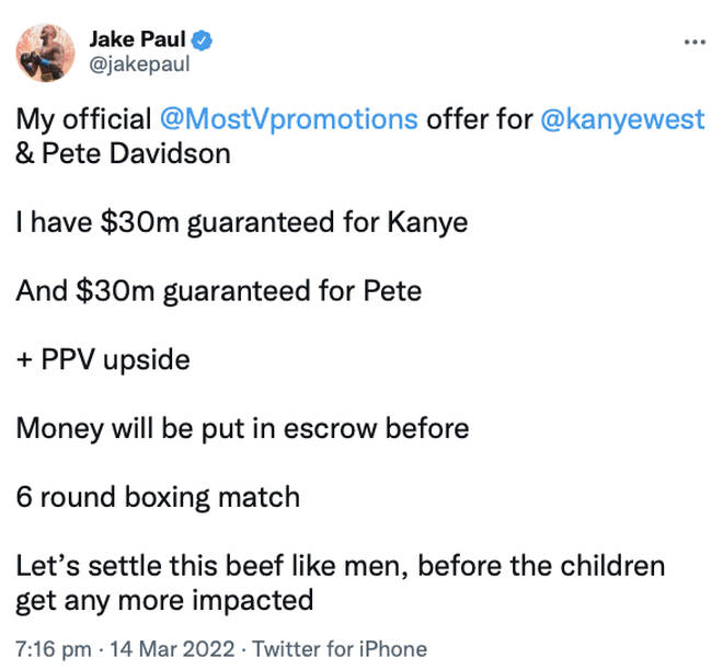 Jake Paul offers Kanye West and Pete Davidson $60 million to go against each other in celebrity boxing match.