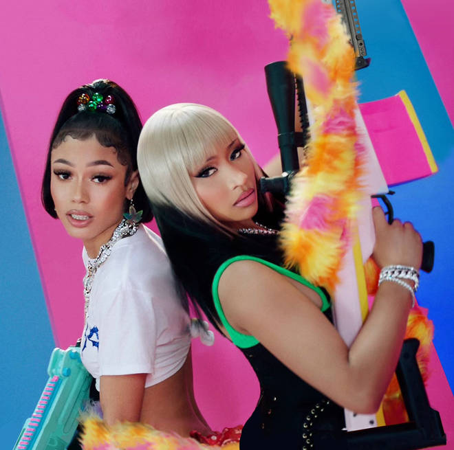 A still from the 'Blick Blick' music video starring Coi Leray and Nicki Minaj