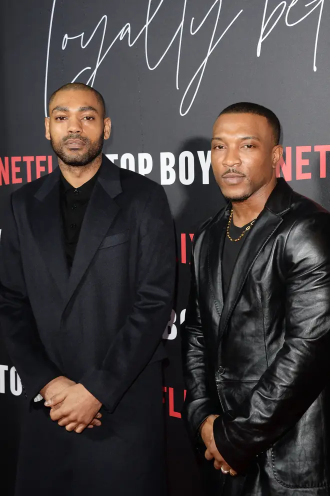 Kano and Ashley Walters attend the World Premiere of "Top Boy 2", the second season of Top Boy premiering on Netflix, at Hackney Picturehouse on March 11, 2022 in London, England