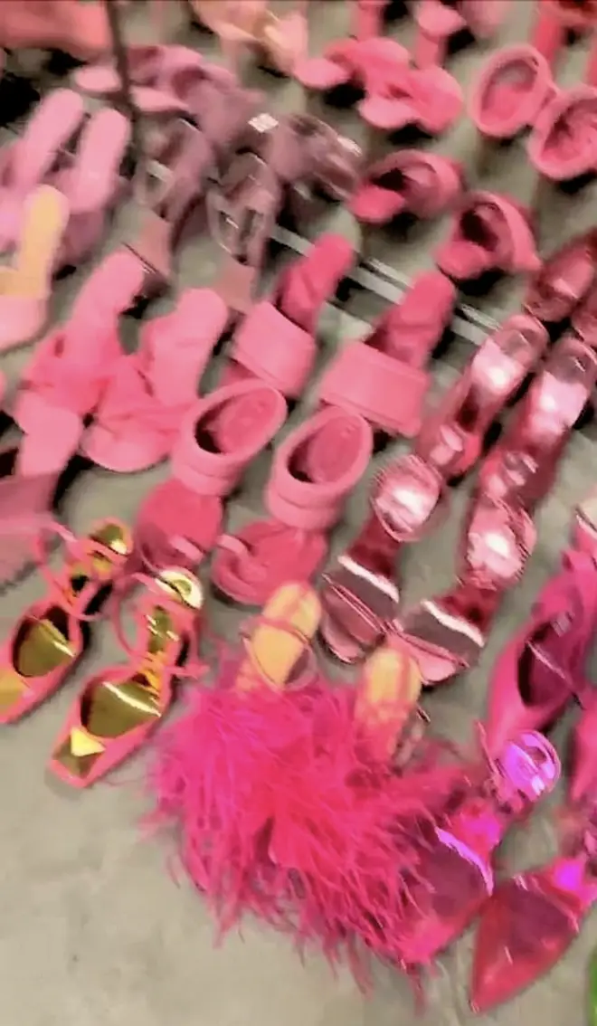 Kylie Jenner shows off her pink luxury designer shoe collection.