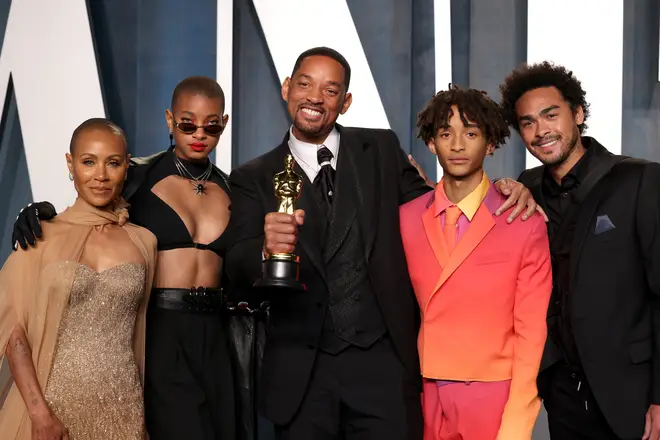 Jada Pinkett Smith, Willow Smith, Will Smith, Jaden Smith and Trey Smith attend the 2022 Vanity Fair Oscar Party on March 27, 2022 in Beverly Hills, California