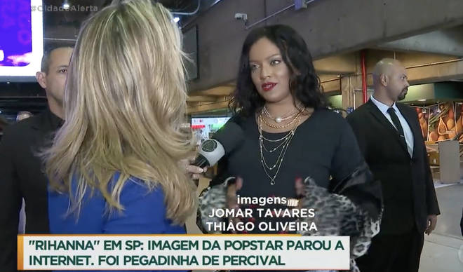 Rihanna lookalike Priscila Beatrice talking to a news channel in Brazil