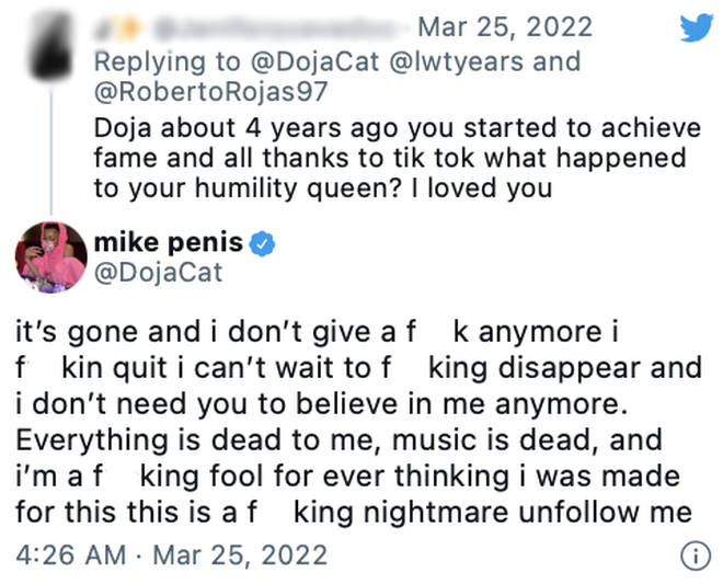 Doja Cat reveals she wants to quit music during a fan clap back
