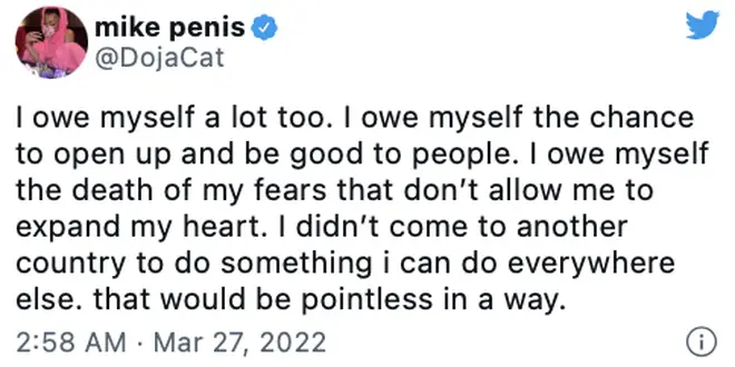 Doja Cat says she owes herself a lot in a heartfelt tweet.