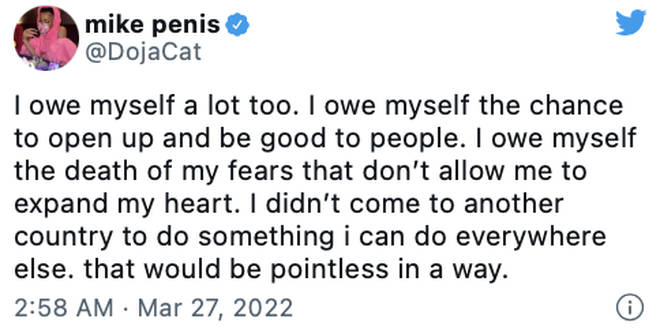 Doja Cat says she owes herself a lot in a heartfelt tweet.
