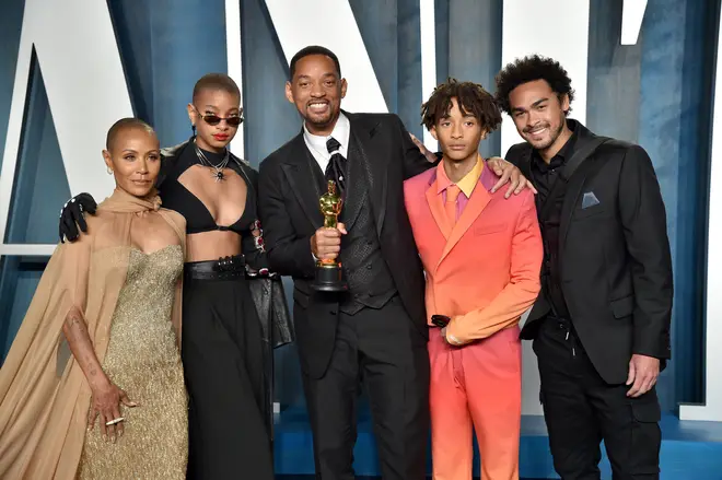 Jada Pinkett Smith, Willow Smith, Will Smith, Jaden Smith and Trey Smith attend the 2022 Vanity Fair Oscar Party on March 27, 2022 in Beverly Hills, California