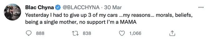 Blac Chyna says she has 'no support' with her children on Twitter.