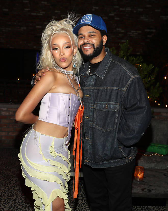 Doja Cat and The Weeknd attend Doja Cat&squot;s "Planet Her" Album dinner at Beauty & Essex on June 24, 2021 in Los Angeles, California