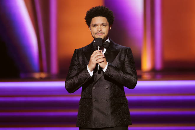 Host Trevor Noah speaks onstage during the 64th Annual GRAMMY Awards at MGM Grand Garden Arena on April 03, 2022 in Las Vegas, Nevada