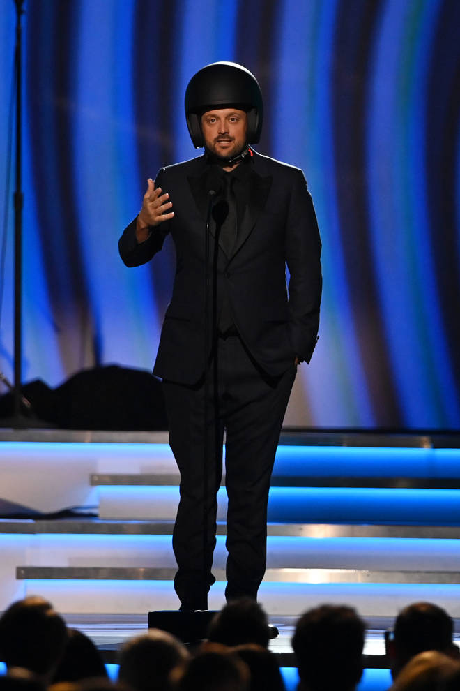 Nate Bargatze jokes about Will Smith onstage during the 64th Annual GRAMMY Awards at the MGM Grand Marquee Ballroom on April 03, 2022 in Las Vegas, Nevada