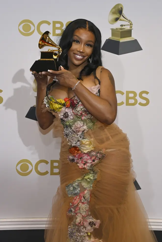 SZA winner of the Best Pop Duo Group Performance Award at the 64th Annual GRAMMY Awards on April 03, 2022 in Las Vegas, Nevada
