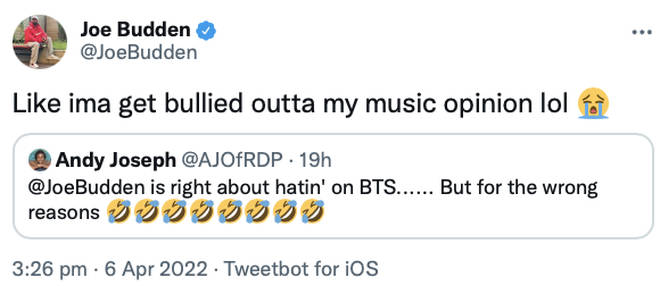 Joe Budden states he will not be 'bullied' out of his music opinion.