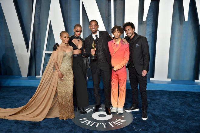 ada Pinkett Smith, Willow Smith, Will Smith, Jaden Smith and Trey Smith attend the 2022 Vanity Fair Oscar Party hosted by Radhika Jones at Wallis Annenberg Center for the Performing Arts on March 27, 2022 in Beverly Hills, California