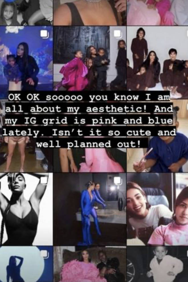 Kim Kardashian further explains that she didn&squot;t want to "mess up" her blue and pink colour scheme on her IG feed grid.