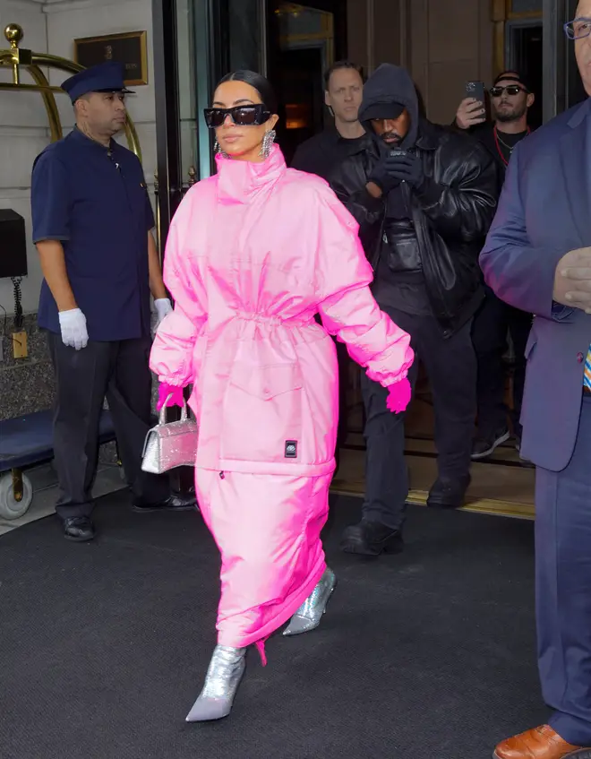 Kanye West and Kim Kardashian head out of their hotel on October 09, 2021 in New York City