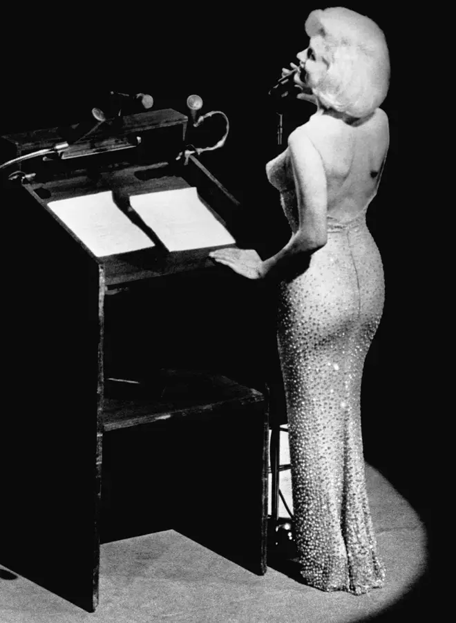Actress Marilyn Monroe sings "Happy Birthday" to President John F. Kennedy at Madison Square Garden, for his upcoming 45th birthday