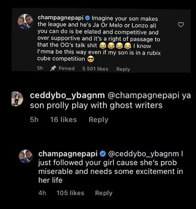 Drake claps back at troll on Instagram and says he followed his girl on IG