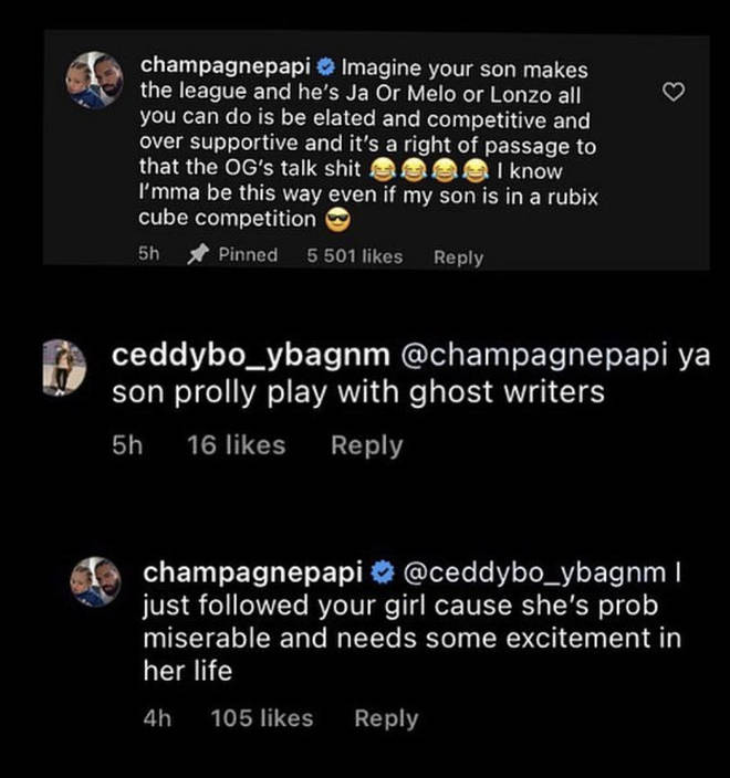 Drake claps back at troll on Instagram and says he followed his girl on IG