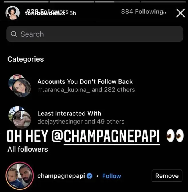 The woman who Drake followed, Toni Bowden, shared a screenshot of the notification of the rapper following her.