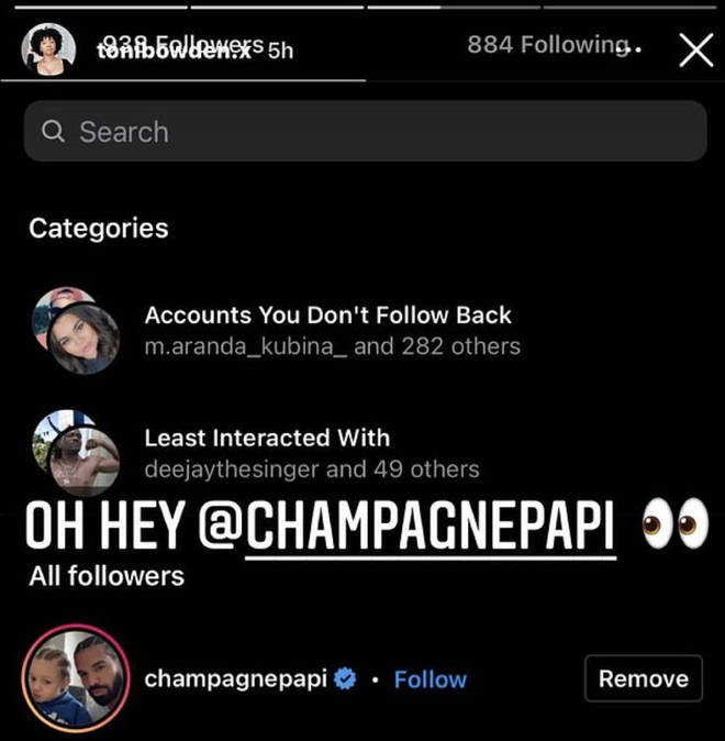 Toni Bowden reveals Drake followed her on Instagram
